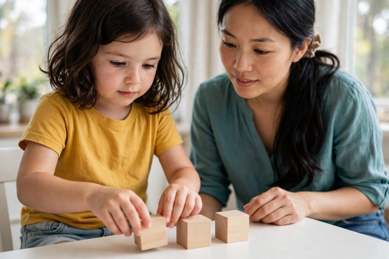 Young child swaps blank wooden letter tiles mid-game while her mother watches