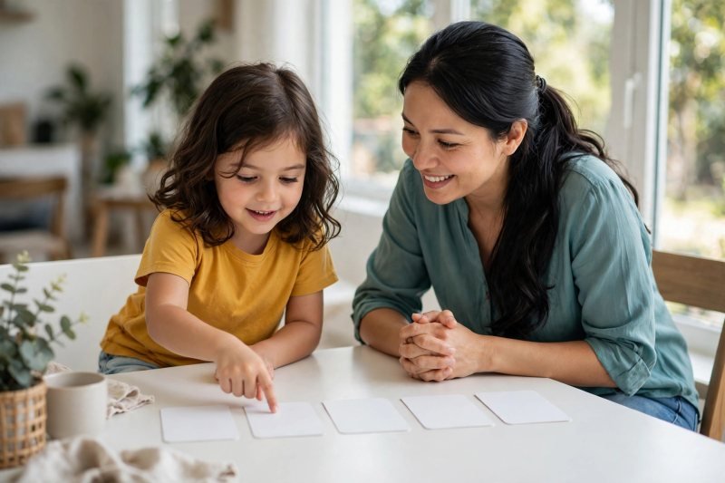 Proud preschooler points along five blank word cards reading the word family