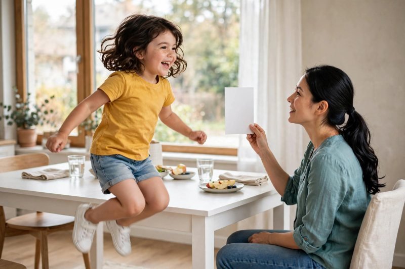 Daughter hops mid-air in the Sound Hop game as her mother holds a blank card