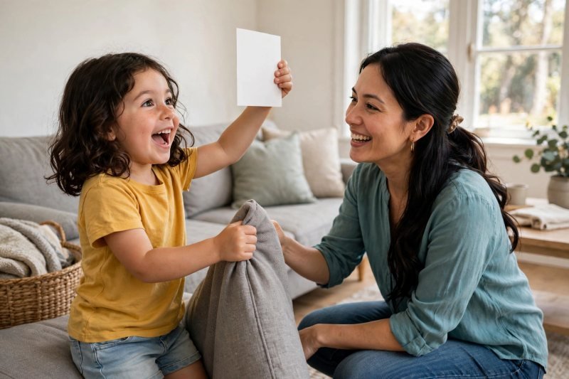 Little girl triumphantly finds a hidden blank word card beneath a couch cushion