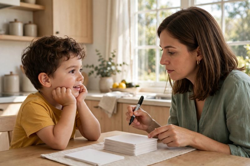 Mother with a marker choosing blank word cards for a word family while her four-year-old son watches eagerly at a kitchen table.
