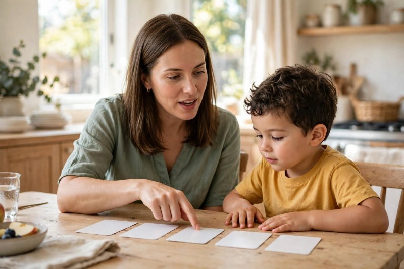 Mother tracing her finger across face-down word cards while stretching out sounds for her young son to listen.
