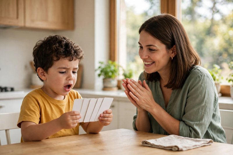 Four-year-old boy echoing stretched word sounds from fanned blank cards while his mother applauds his effort.