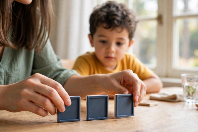 Mother's hands swapping a blank magnetic letter tile mid-word while her young son watches closely.