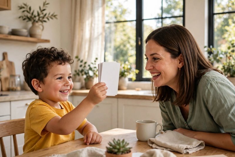 Proud four-year-old boy holding blank word cards up to play teacher while his mother leans in, beaming.
