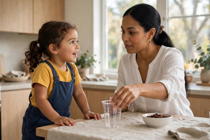 Mother places clear plastic cup on cloth-covered table beside bowl of raisins