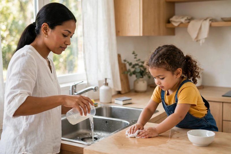 Mother pours mixture down the kitchen sink while girl wipes table with cloth
