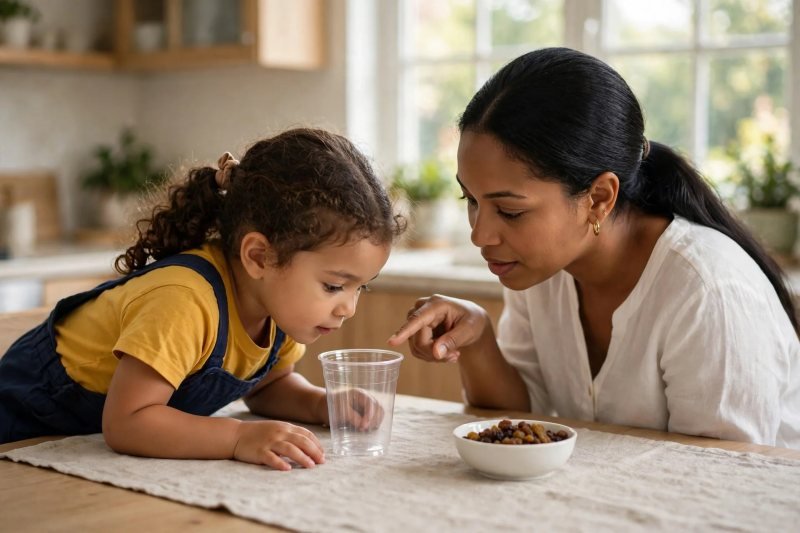 Preschool girl sits at eye level with empty cup while mother guides her