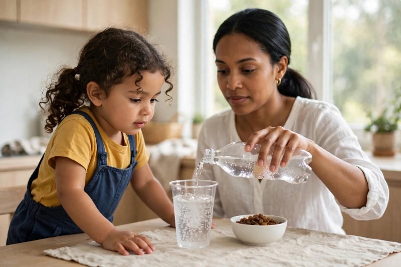 Mother pours fizzy club soda from clear bottle as preschooler watches closely