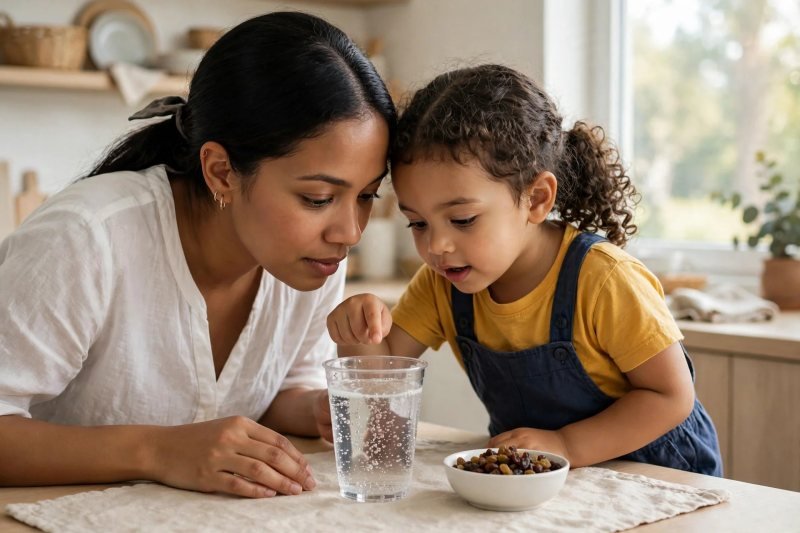 Mother and daughter lean in together watching tiny bubbles rise in fizzy water
