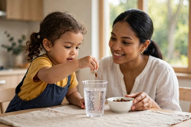 Preschool girl drops a single raisin into sparkling fizzy water from small fingers