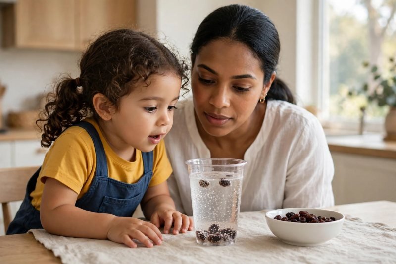 Mother and daughter watch raisins sink to the bottom of the fizzy cup