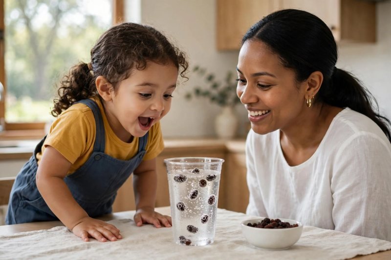 Delighted girl gasps as bubbles lift raisins floating mid-cup in sparkling water