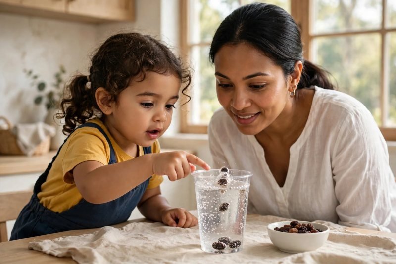 Girl points at raisin popping at the bubbly surface while mother watches