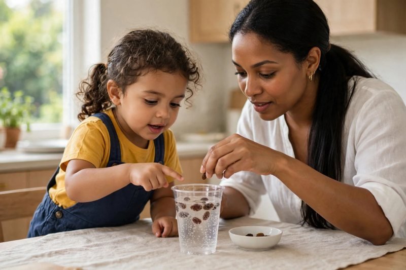 Girl counts floating raisins while mother adds a fresh one to the cup