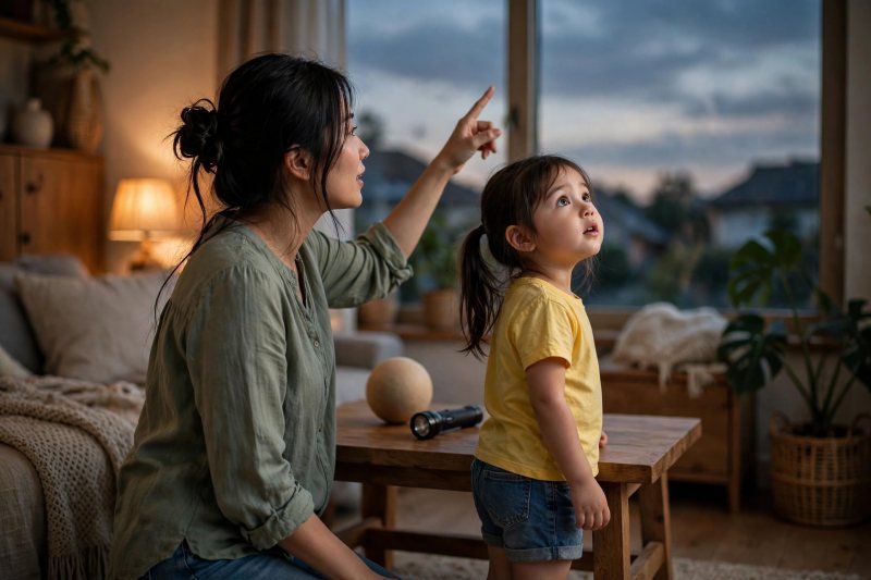 Mother points to the dusk sky as her curious daughter wonders where the sun goes
