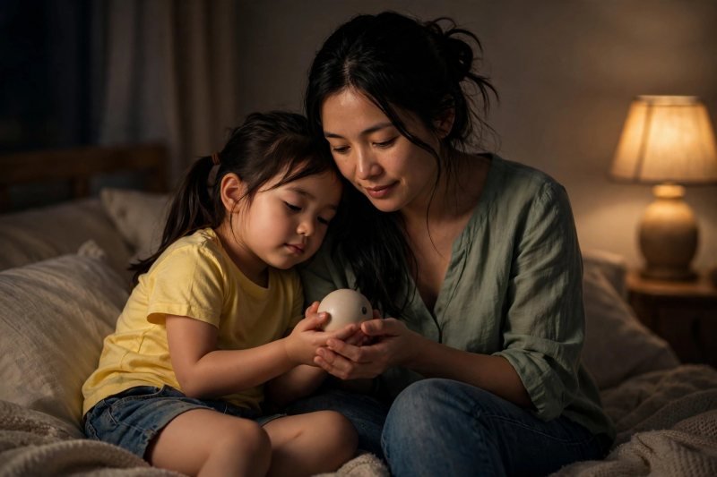 Sleepy mother and daughter hold the ball, dot on the dark side, at bedtime