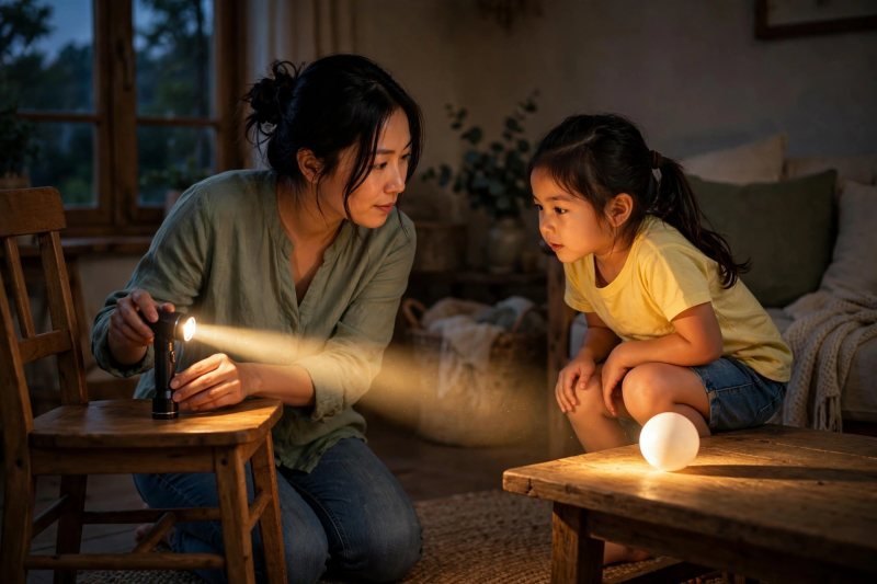 Mother props a flashlight on a chair to aim its beam at the plain ball