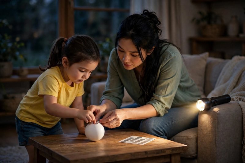 Little girl presses a dot sticker onto the ball as her mother guides her hand