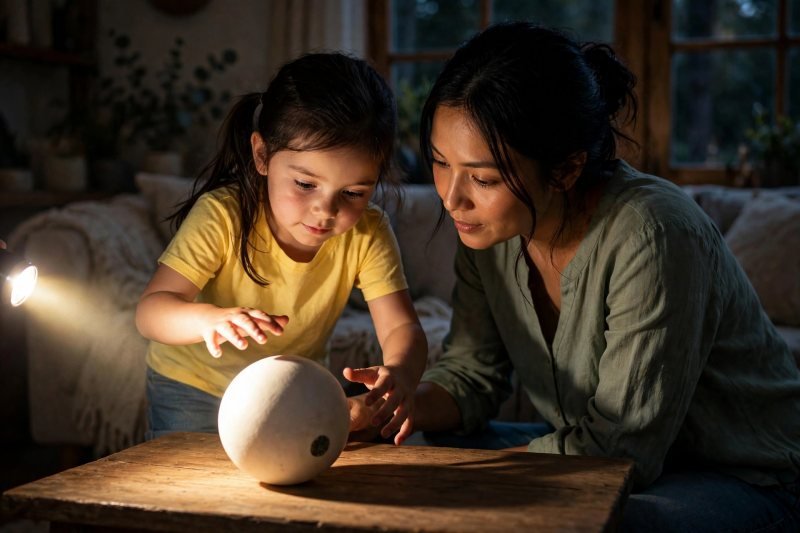 Girl feels the lit side and dark side of the flashlight-lit ball on the table