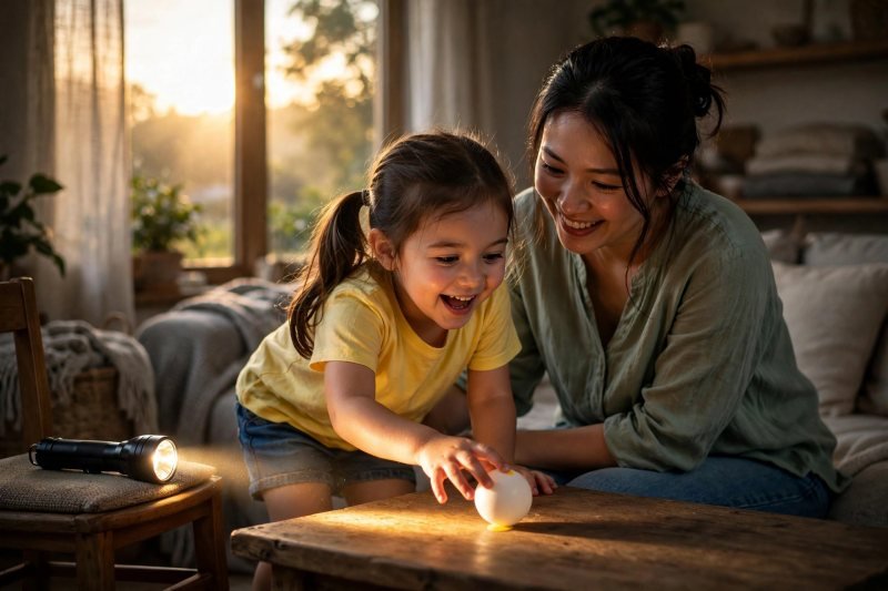 Girl leans in delighted as the sticker dot touches the flashlight beam's edge