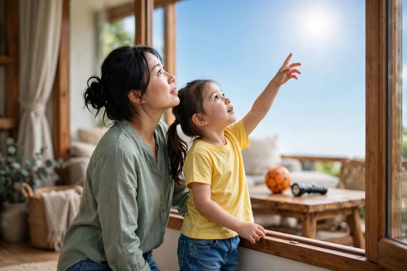 Mother and daughter at a bright window point toward the real sun in the sky