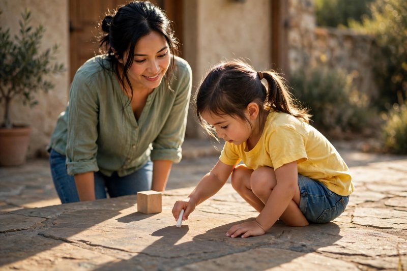 Girl crouches on a sunny patio marking a block's shadow tip with white chalk