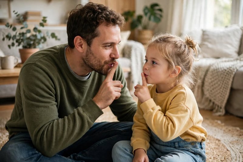 Dad and daughter pressing fingers to lips to model the sh digraph sound