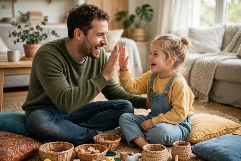 Father and daughter high-fiving on a rug after finishing their digraph session