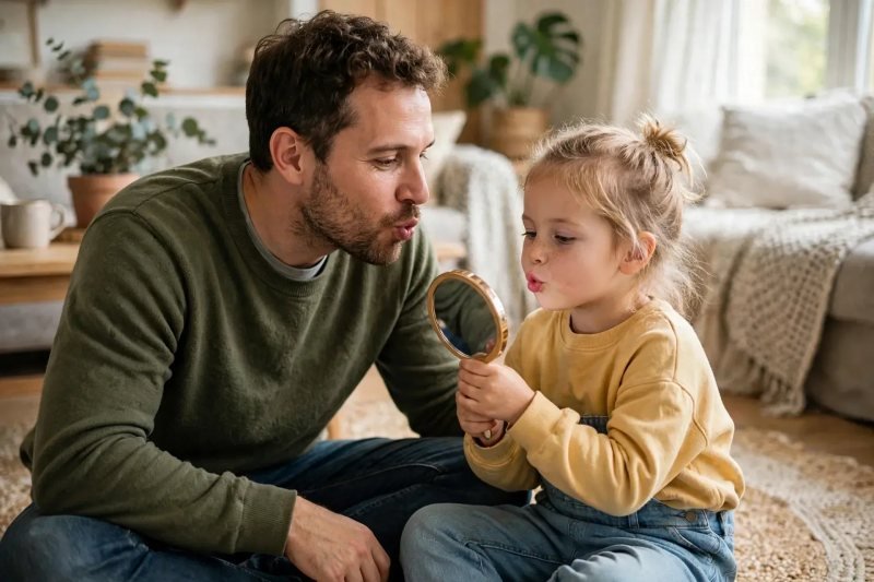 Girl copying her father's rounded lips in a hand mirror for sh digraph practice