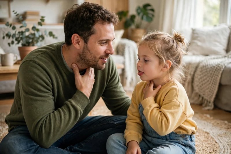 Father and daughter pressing throats to feel voiced th buzz during phonics play