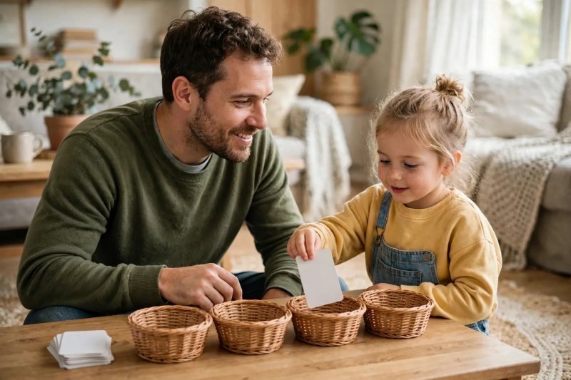 Girl dropping a blank face-down card into a wicker digraph sorting basket