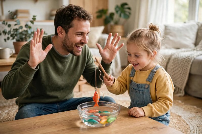 Daughter fishing a toy fish from a water bowl while her father cheers