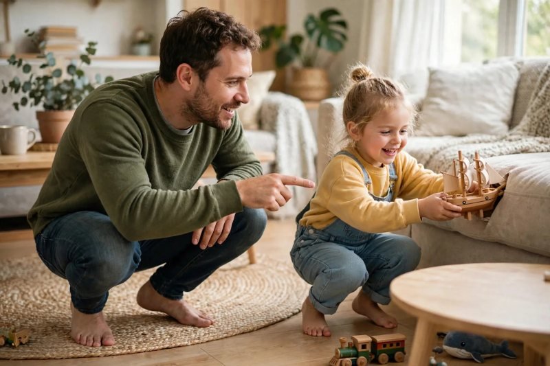 Girl pulling a hidden toy ship from the sofa during a digraph treasure hunt
