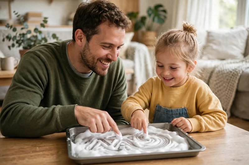 Father and daughter tracing swirls in shaving foam for digraph sound writing