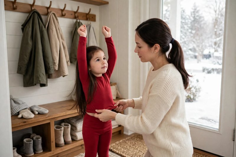 A mother smooths the fitted red base-layer top on her smiling young daughter.