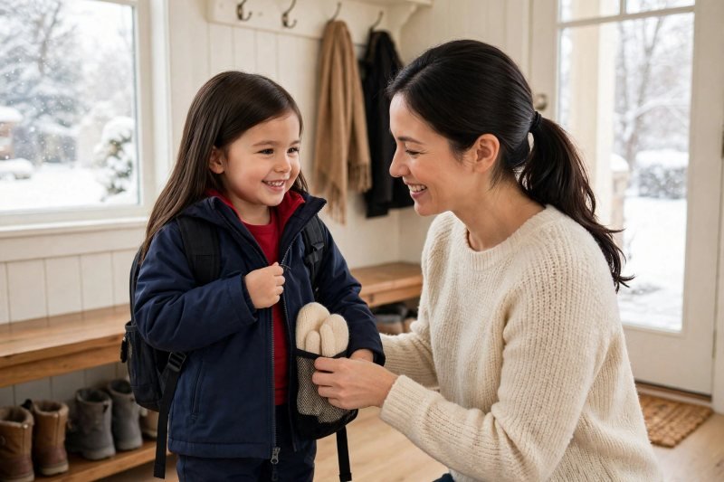 A mother tucks spare mittens into her daughter's backpack by the door.