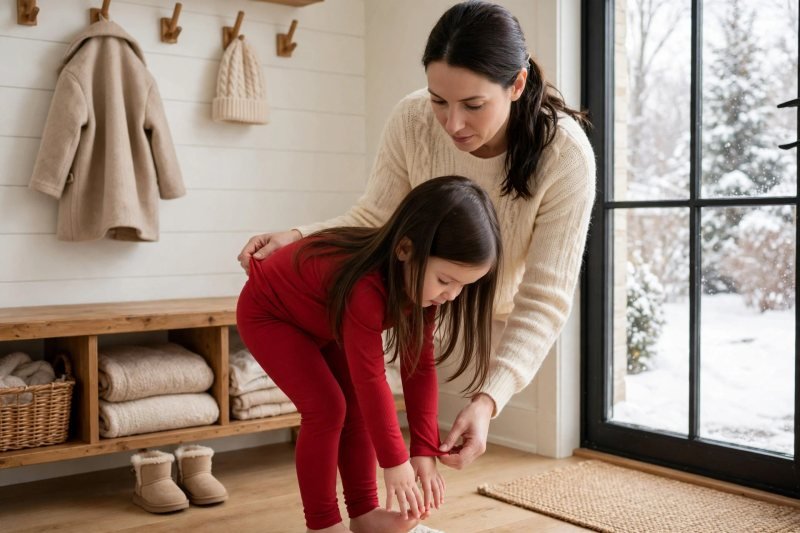 A girl bends touching her toes while mother checks her base layer fit.