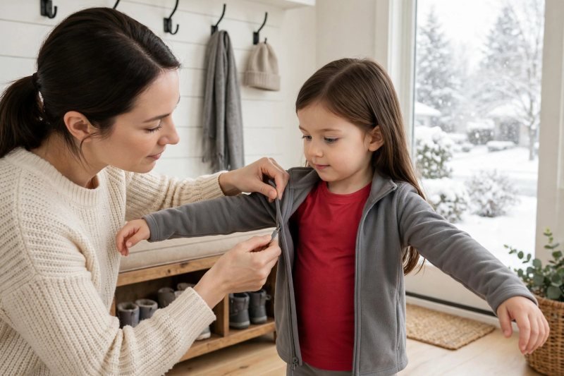 A mother zips a slim gray fleece over her daughter's red base layer.