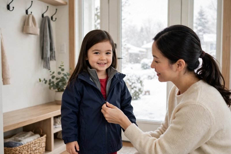A smiling girl stands while mother zips her streamlined navy shell jacket up.