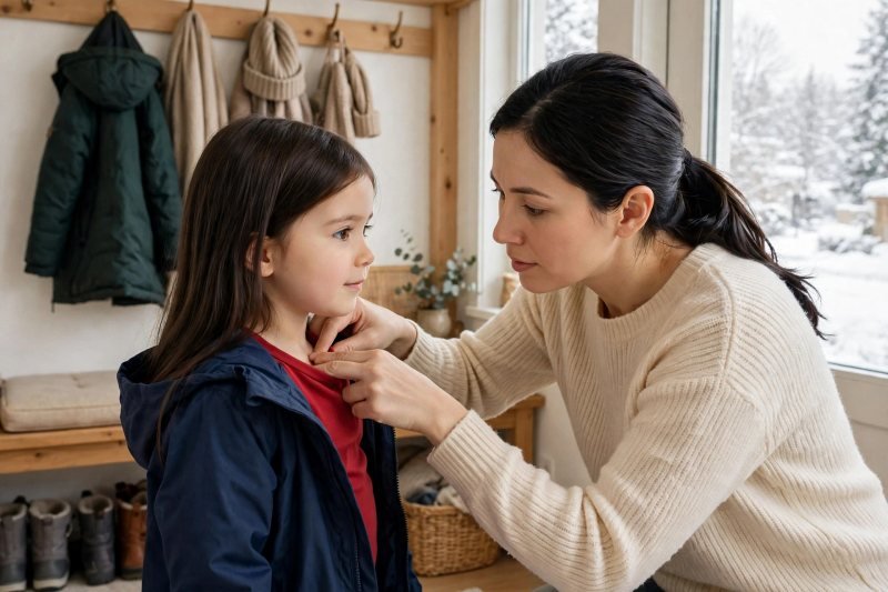 A mother slips two fingers inside her daughter's collar checking core warmth.