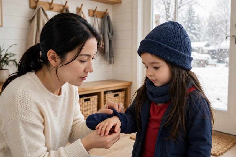 A mother pulls a navy mitten over her daughter's cuff closing the gap.