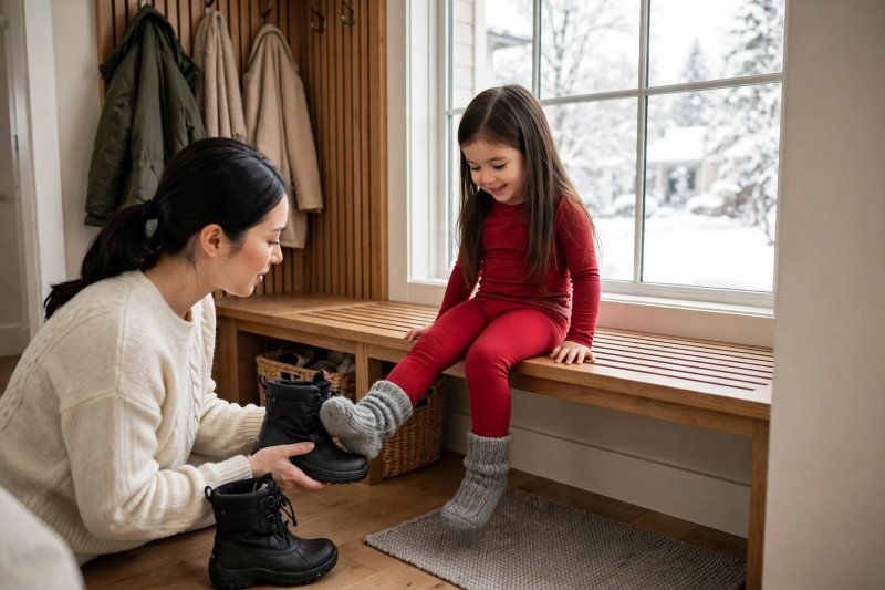 A girl wiggles toes in thick wool socks while mother readies her boot.