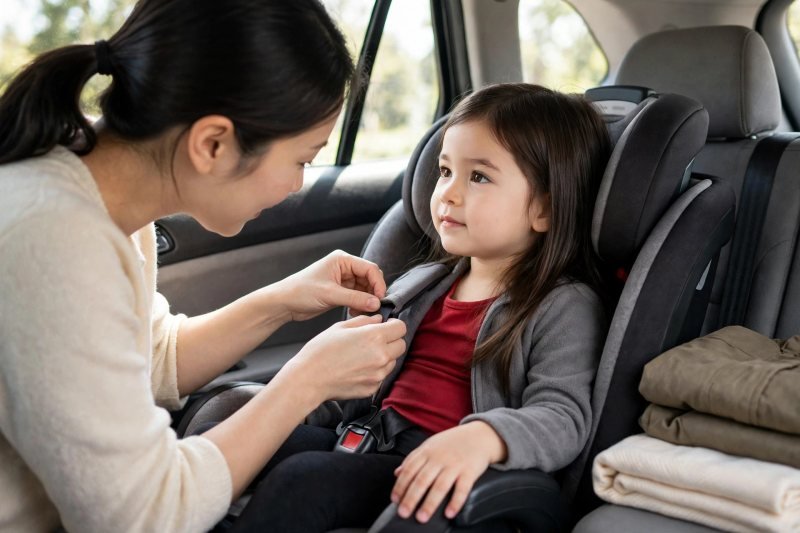 A mother pinches the car-seat harness webbing checking snugness over thin layers.
