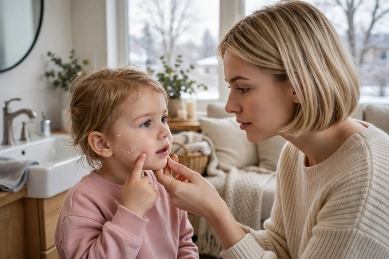 Mother examining girl's dry flaky cheeks closely in bright daylight