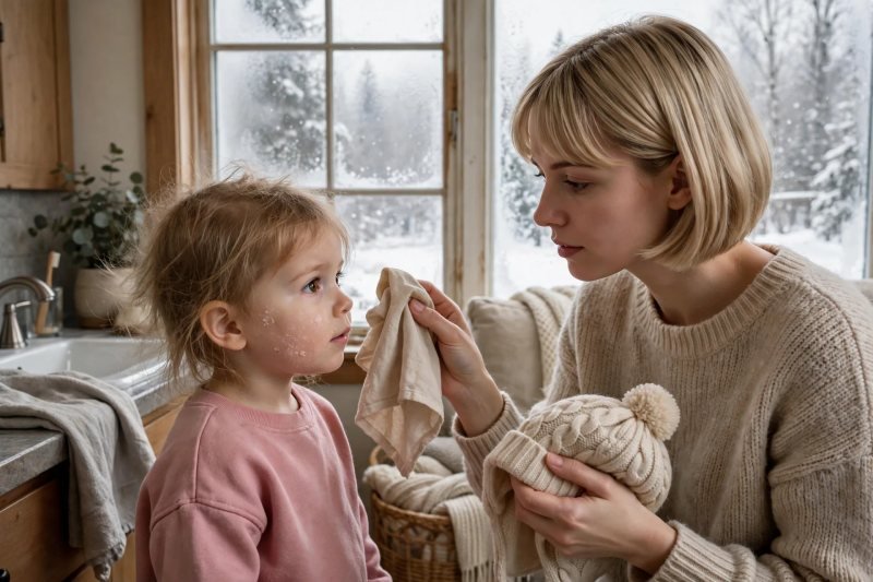 Mother holding soft cloth and winter hat beside frosty window thoughtfully