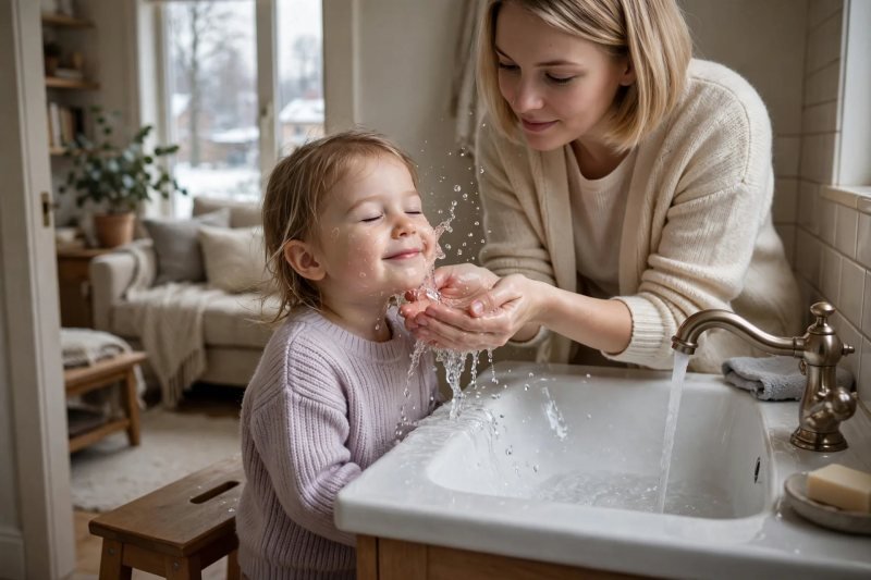 Mother splashing lukewarm water gently onto girl's face at sink