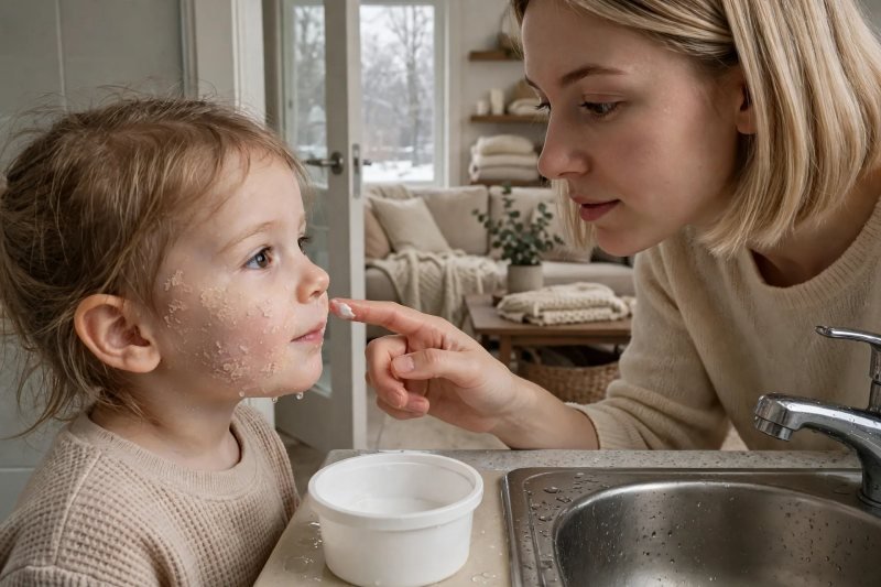 Mother dabbing cream onto girl's damp cheek right after washing