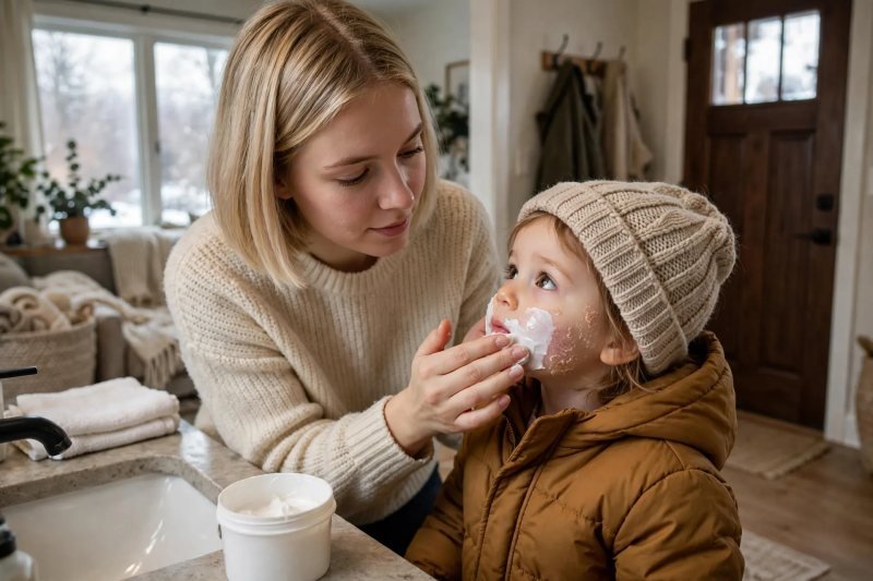 Mother smoothing thick barrier cream onto cheeks of bundled-up girl