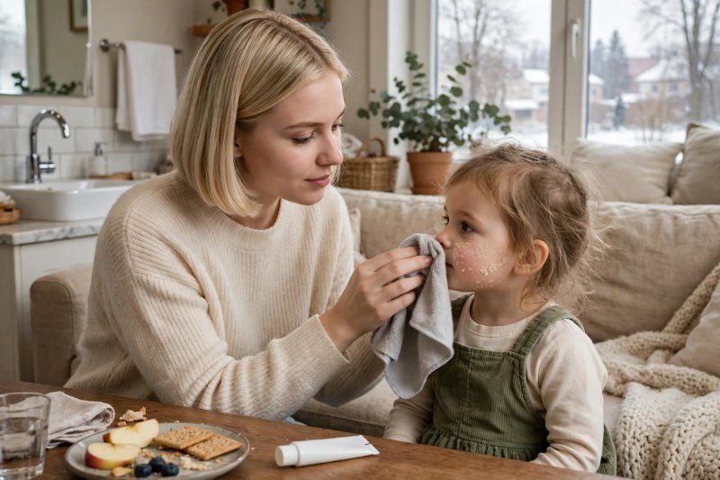 Mother pressing soft damp cloth gently against girl's cheek after snack